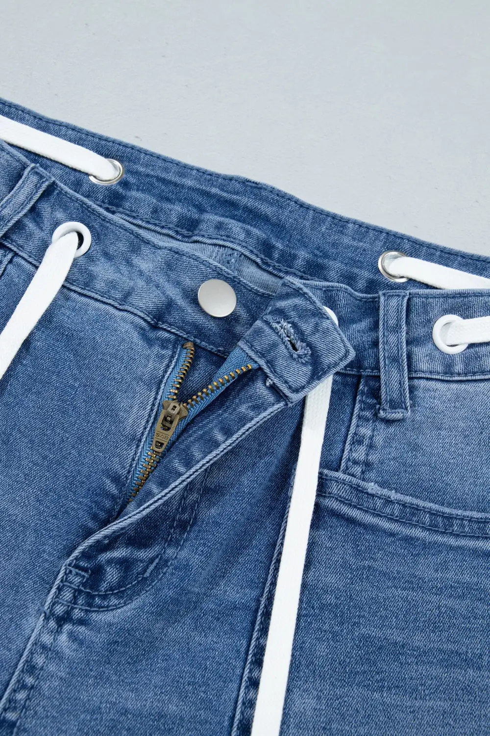 Women's Solid Patchwork Grommet Tie Waist Loose Ankle Length Jeans