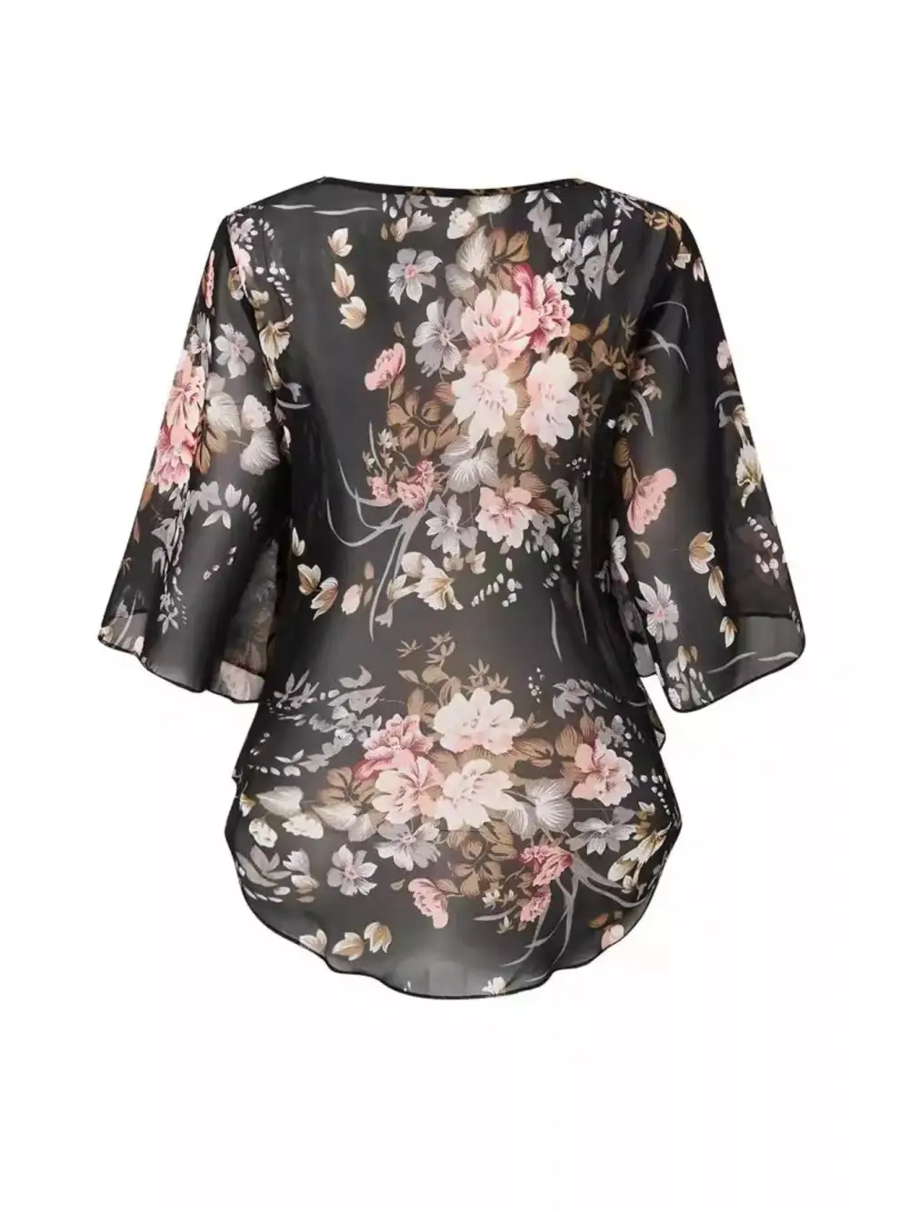 Sheer Floral Print Flutter Sleeve Blouse