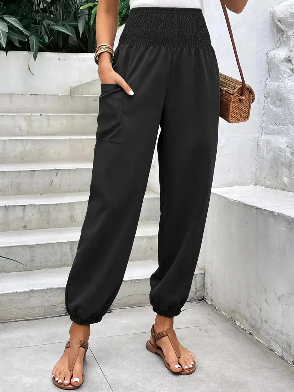 Jogger High Waist Smocked Waist Pocketed Pants