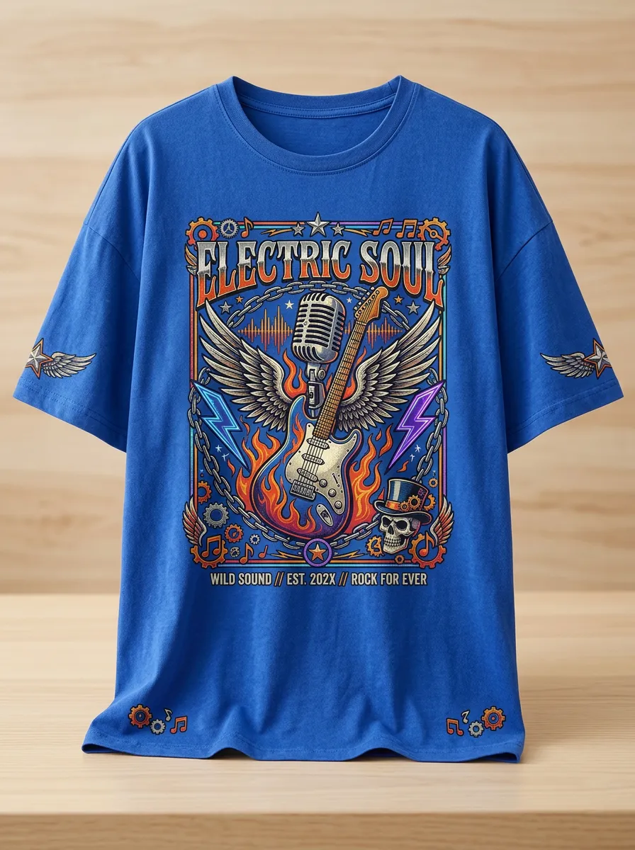 Unisex Rock Music Lover Electric Guitar Skull Printed T-shirt