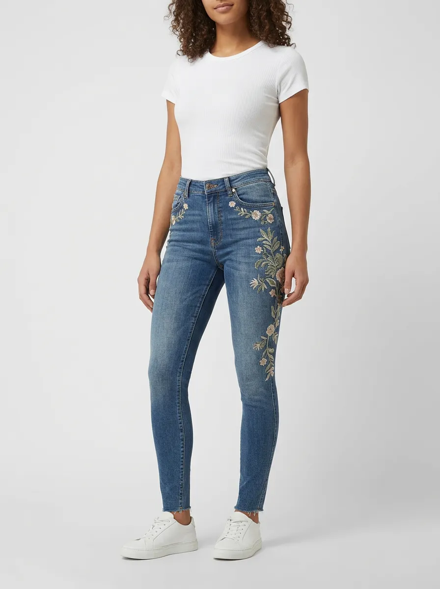 Women's Floral Embroidery Vintage Wash Printed Slim Jeans