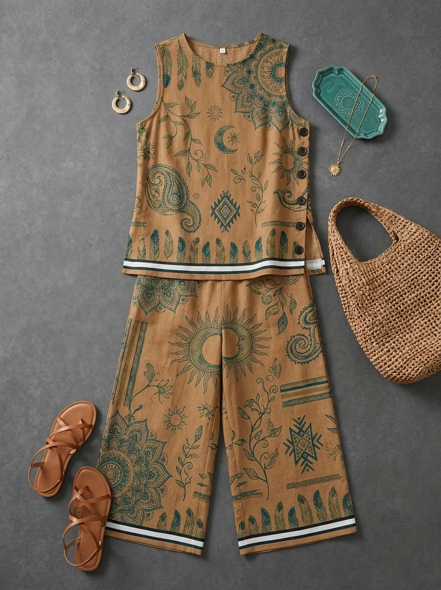 Women's Boho Celestial Sun Moon Paisley Printed Sleeveless Set