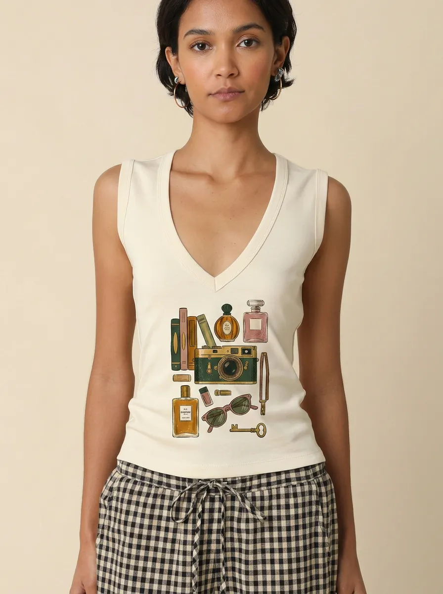 Women's Vintage Aesthetic Camera Perfume Books Printed Tank Top