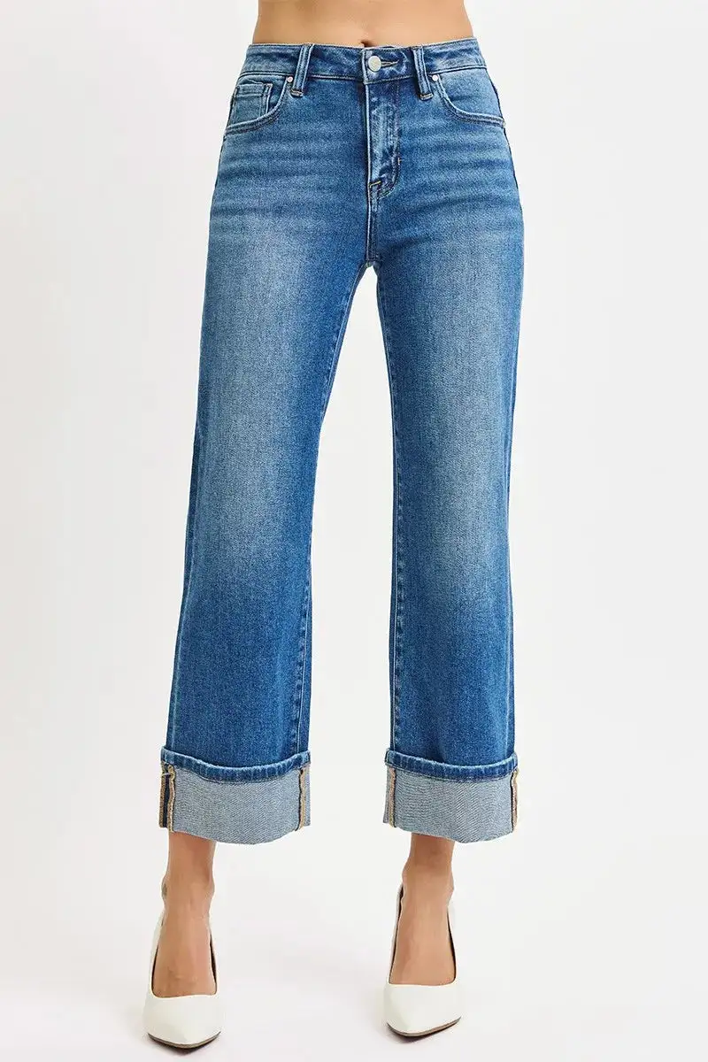 Mid Rise Raw Hem Cuffed Hem Straight Leg Jeans