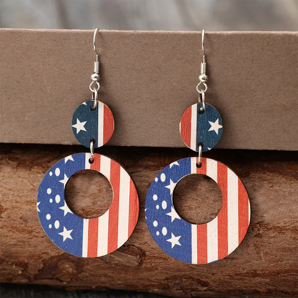 Red Blue Pattern Wooden Earrings