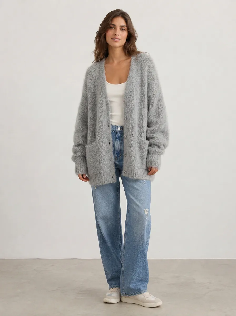 Women's Casual Grey Fuzzy Knit Button Down Cardigan Top