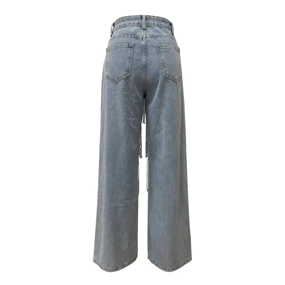 High-waist Fringe Detail Wide-leg Jeans