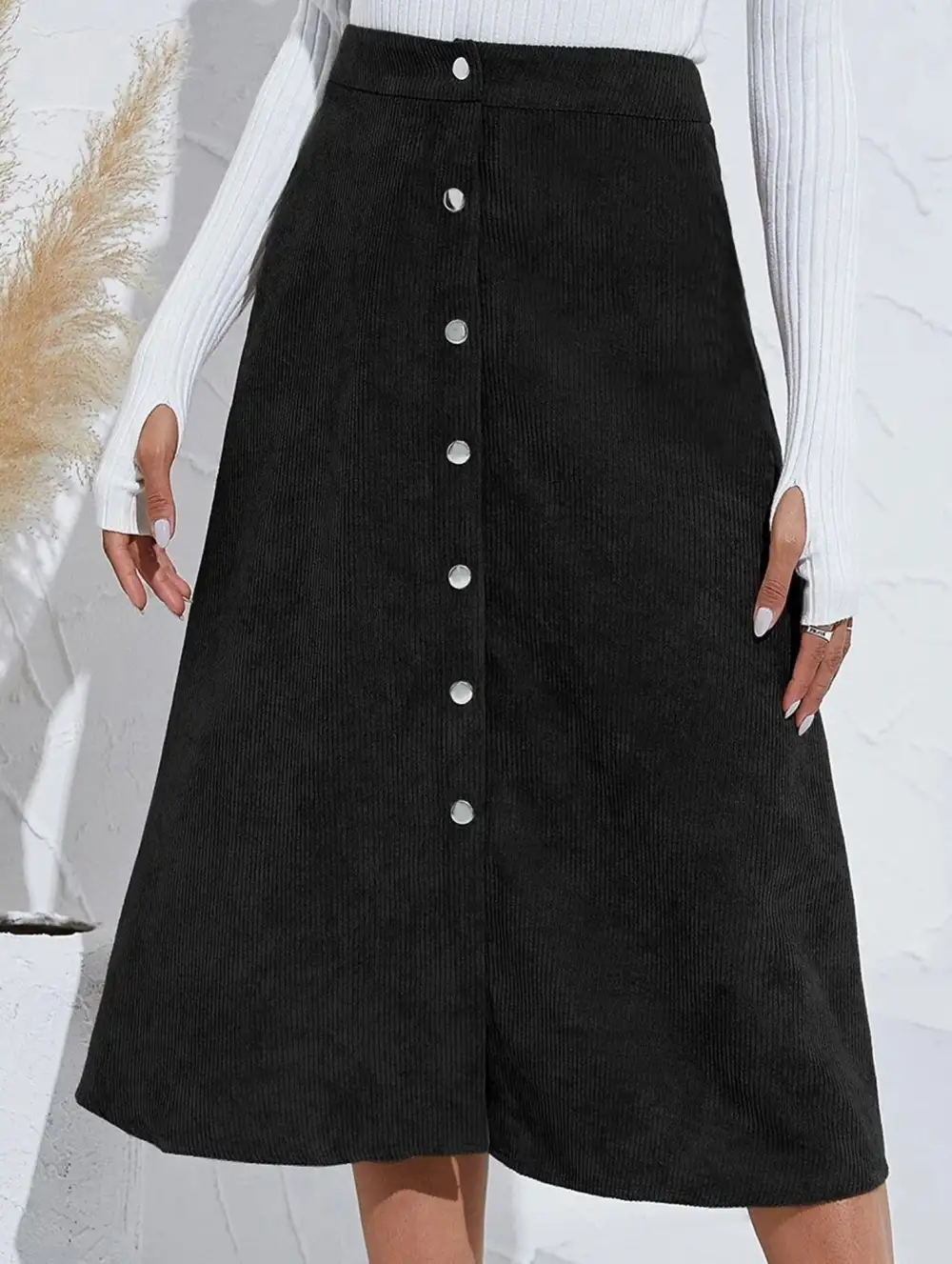 Corduroy Button Front Midi Skirt