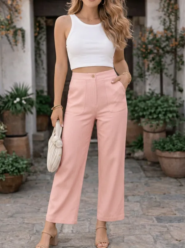 Women's Casual Minimalist Cream Solid Color Mid-Rise Straight Leg Pants