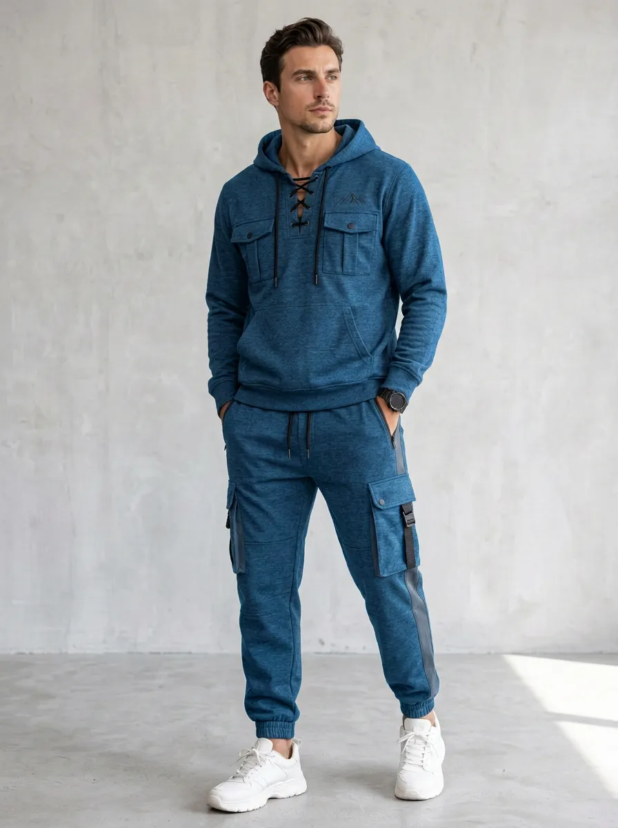 Urban Lace-Up Mountain Graphic Classic Look Men's Lace Up Hoodie And Cargo Jogger Set