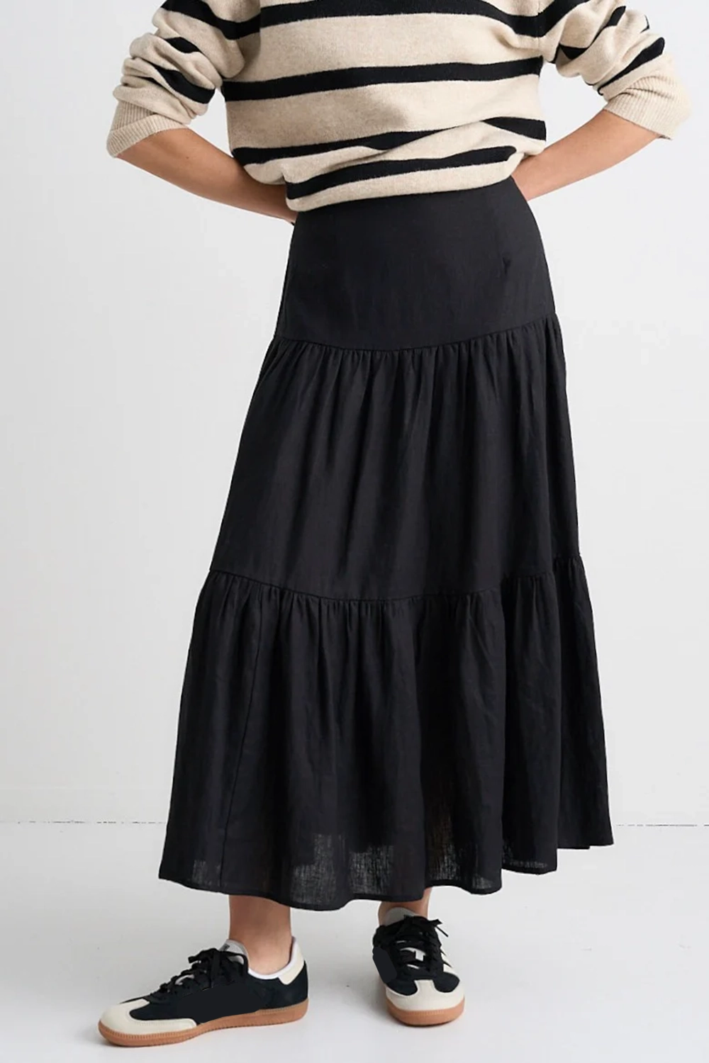 Black Tiered Linen Midi Skirt