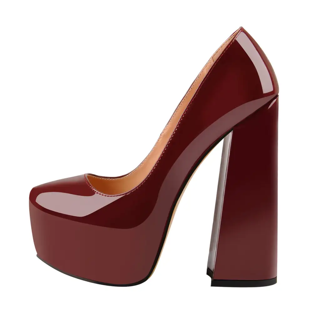 Sleek Patent Finish Pointed Toe Platform Chunky Heel Pumps