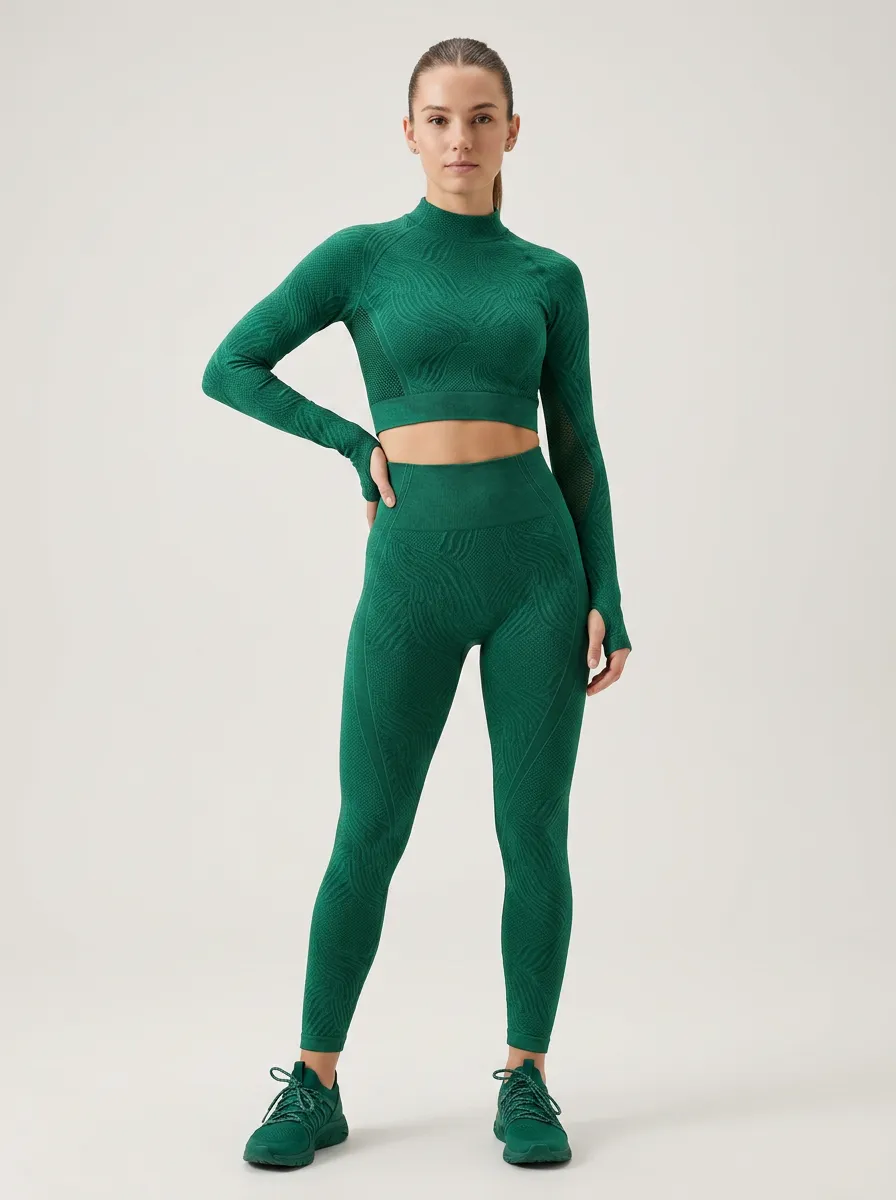 Women's Fitness Gym Lover Green Textured Pattern Printed Yoga Set