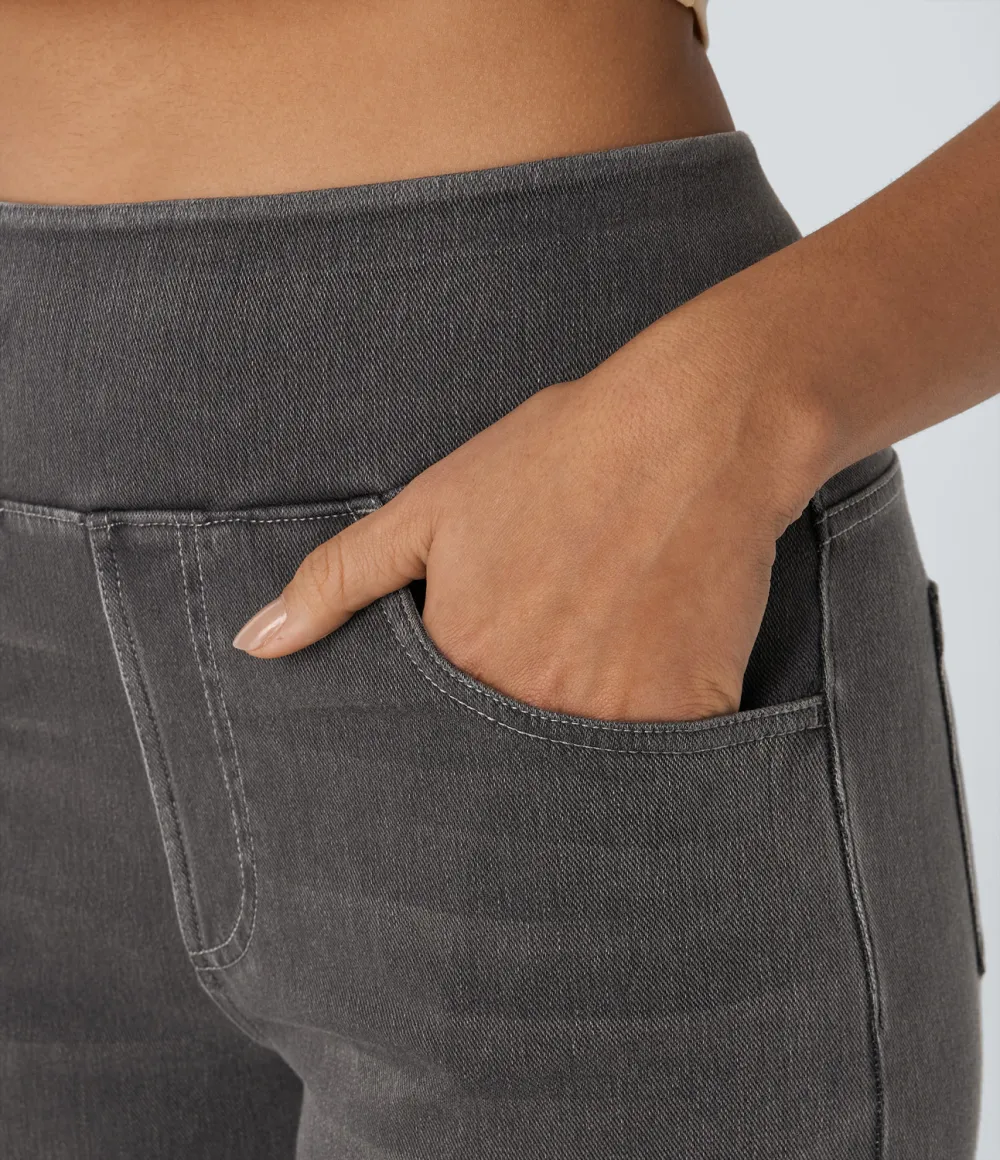 Magic High Waisted Multiple Pockets Wide Leg Washed Stretchy Knit Casual Jeans