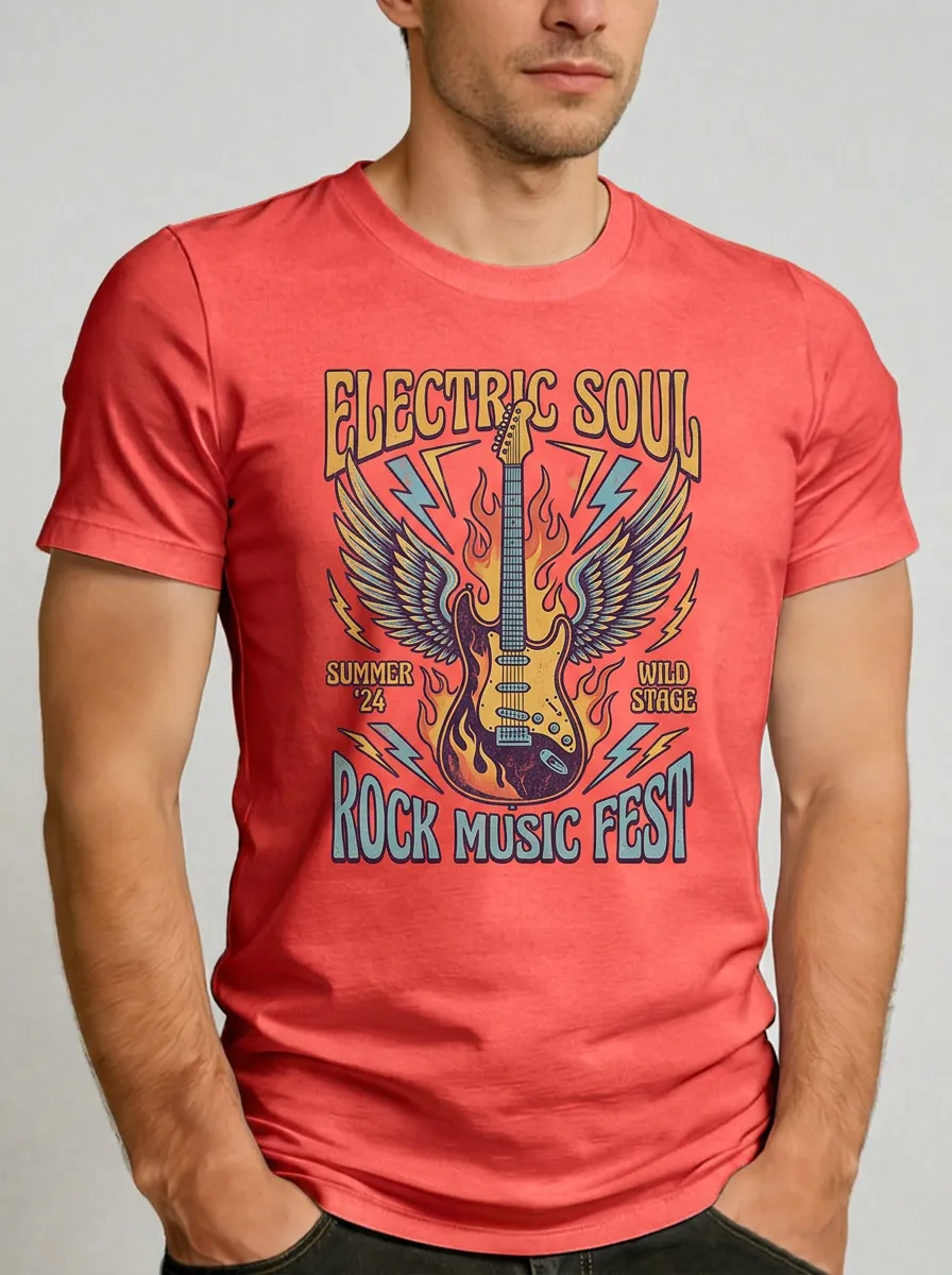 Men's Rock Music Festival Electric Guitar Wings Printed T-shirt