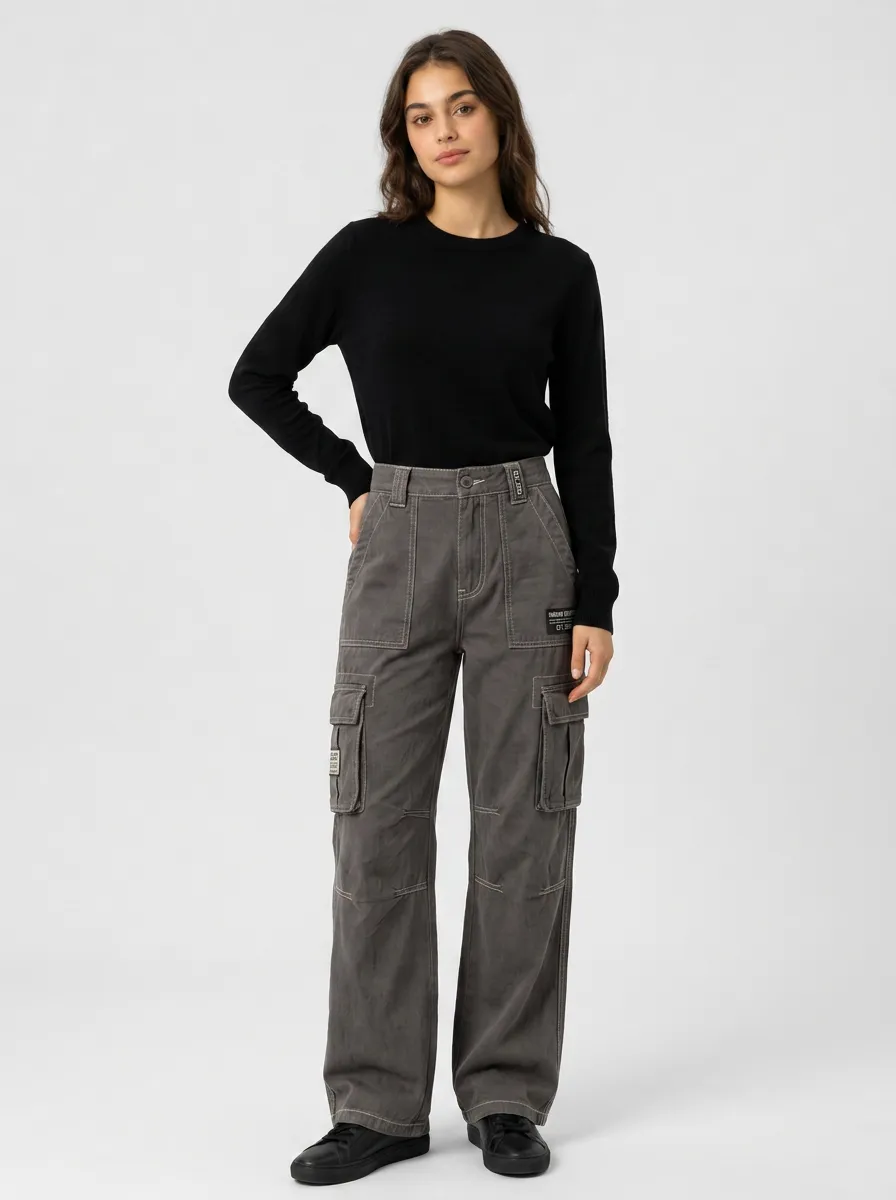 Women's Casual Streetwear Grey Cargo Pants Long Sleeve Set