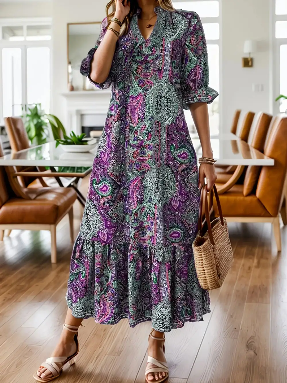 Plus Size Bohemian Paisley Printed Ruffle Hem Midi Dress
