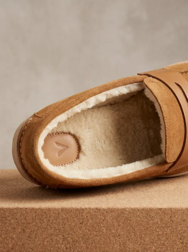 Women's Refined Faux Fur Lined Winter Suede Wood Sole Loafers