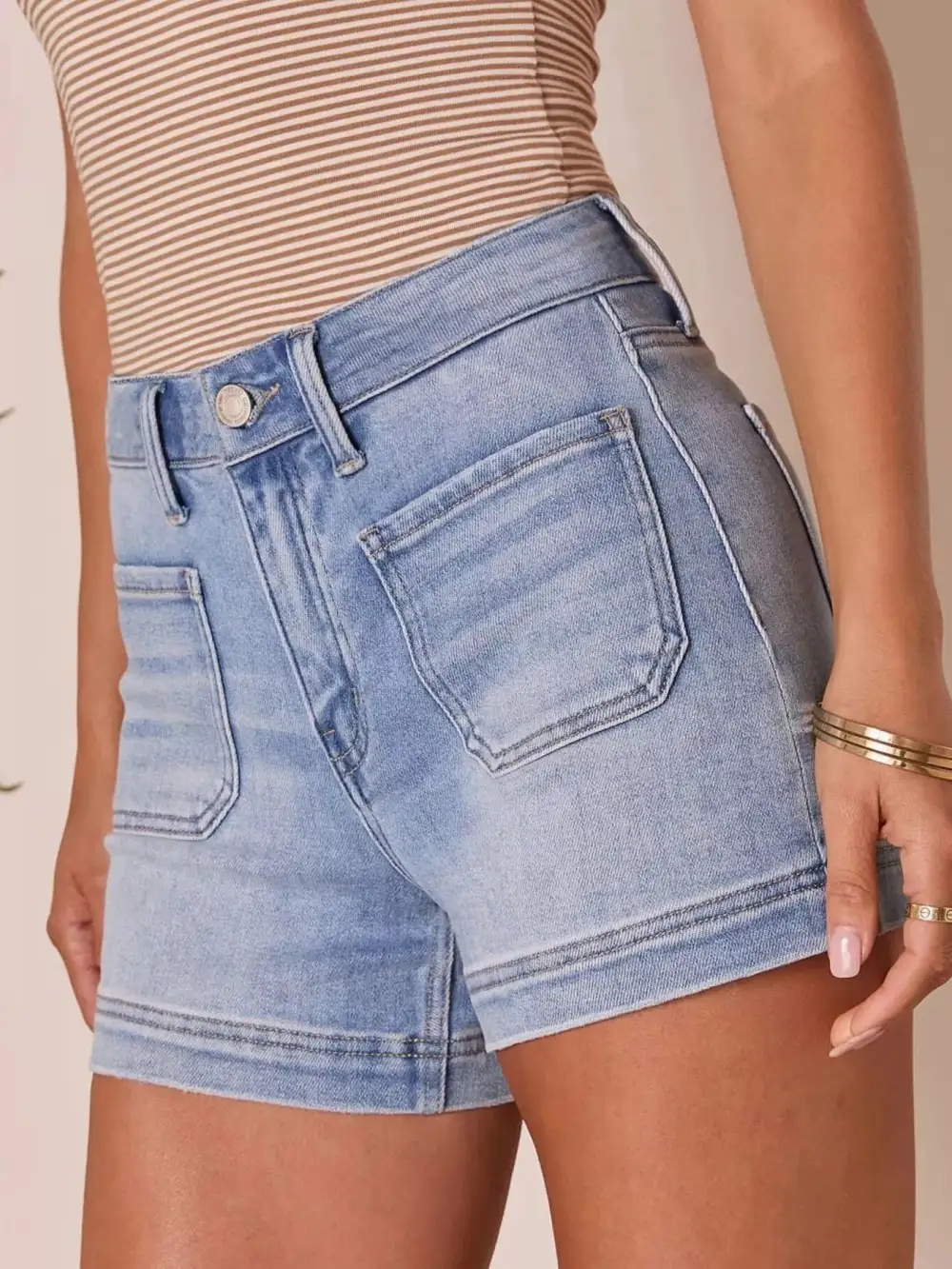 High-Waist Pocketed Cotton Denim Shorts