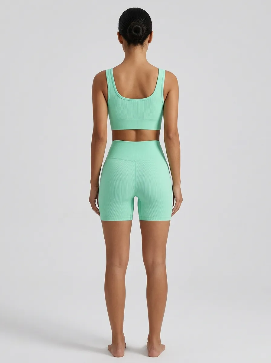 Dynamic Ribbed Texture Seamless Design Silhouette Women's Tank Top And Sports Shorts Set