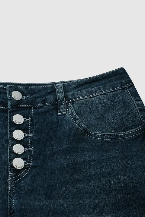 Button Up Roll Hem Straight Leg Jeans