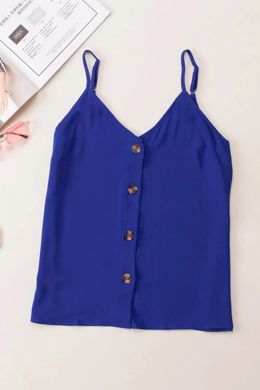 Spaghetti-Strap Button-Front Buttoned Lace Tank Top