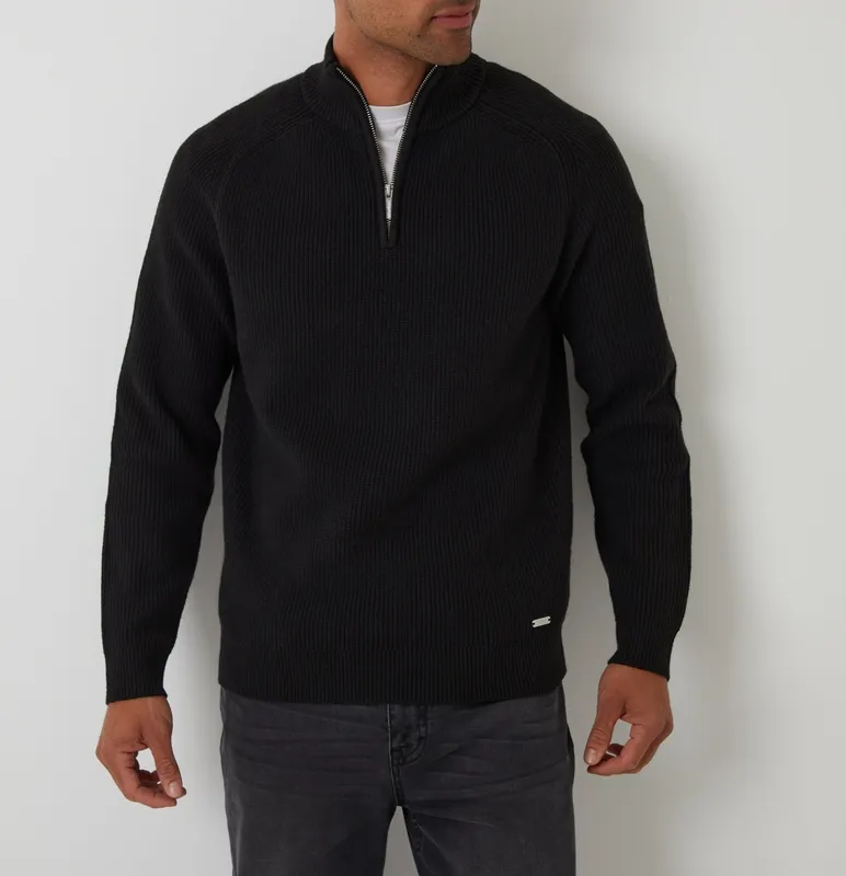 Black Rib Panel Quarter-Zip Knit Sweater
