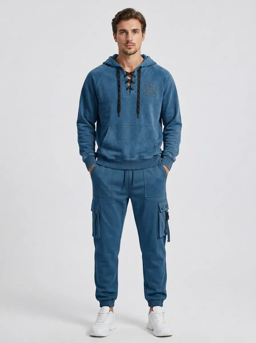 Daily Lace-Up Geometric Look Men's Lace Up Hoodie And Cargo Jogger Set