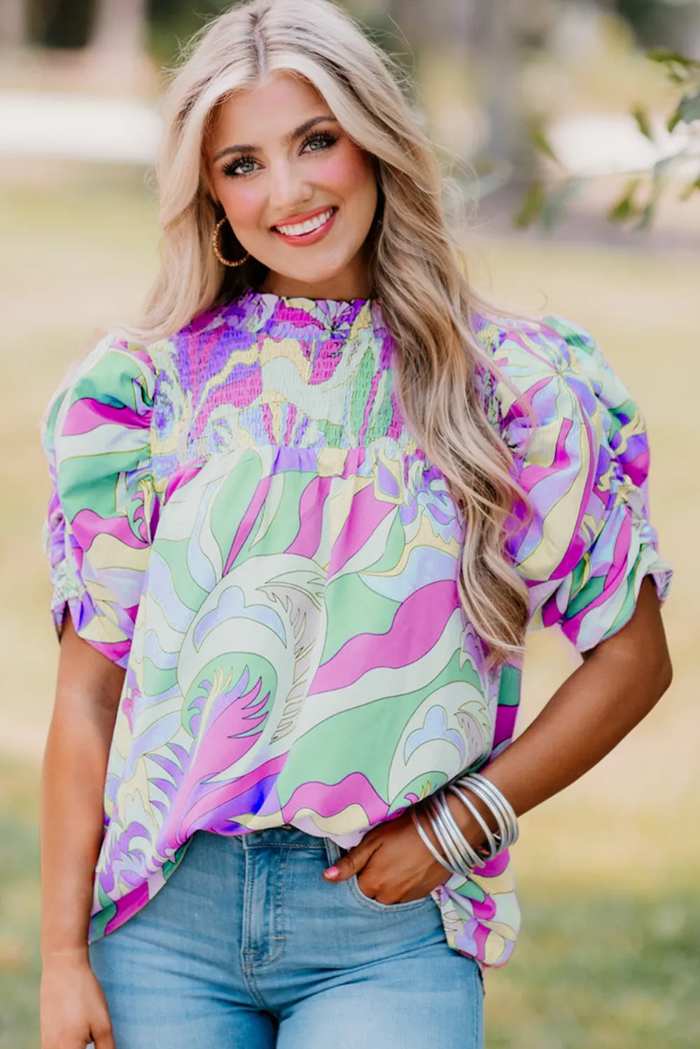 Green Abstract Print Bubble Sleeve Blouse