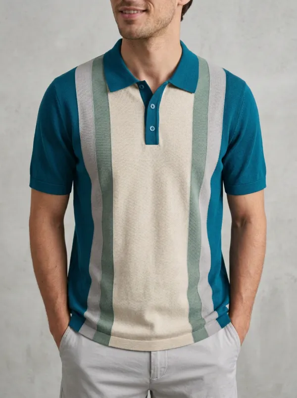 Men's Vintage Style Vertical Striped Colorblock Knit Polo Shirt