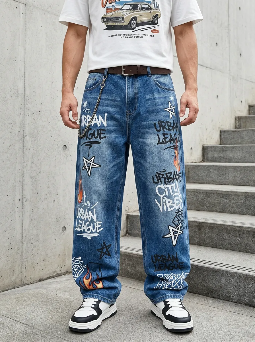 Unisex Streetwear Star Flame Jeans