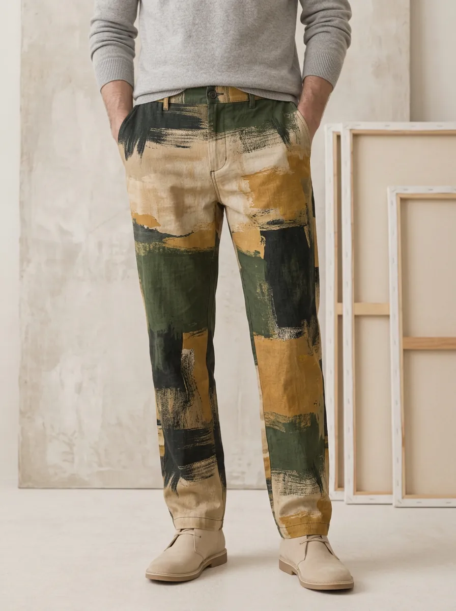 Men's Abstract Art Style Green Yellow Brushstroke Printed Pants