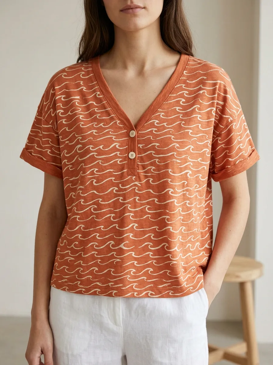 Women's Beach Lover Ocean Wave Printed Henley Shirt