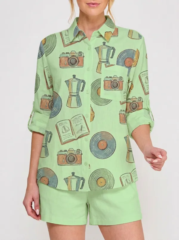 Women's Vintage Hobby Camera Vinyl Book Coffee Printed Shirt