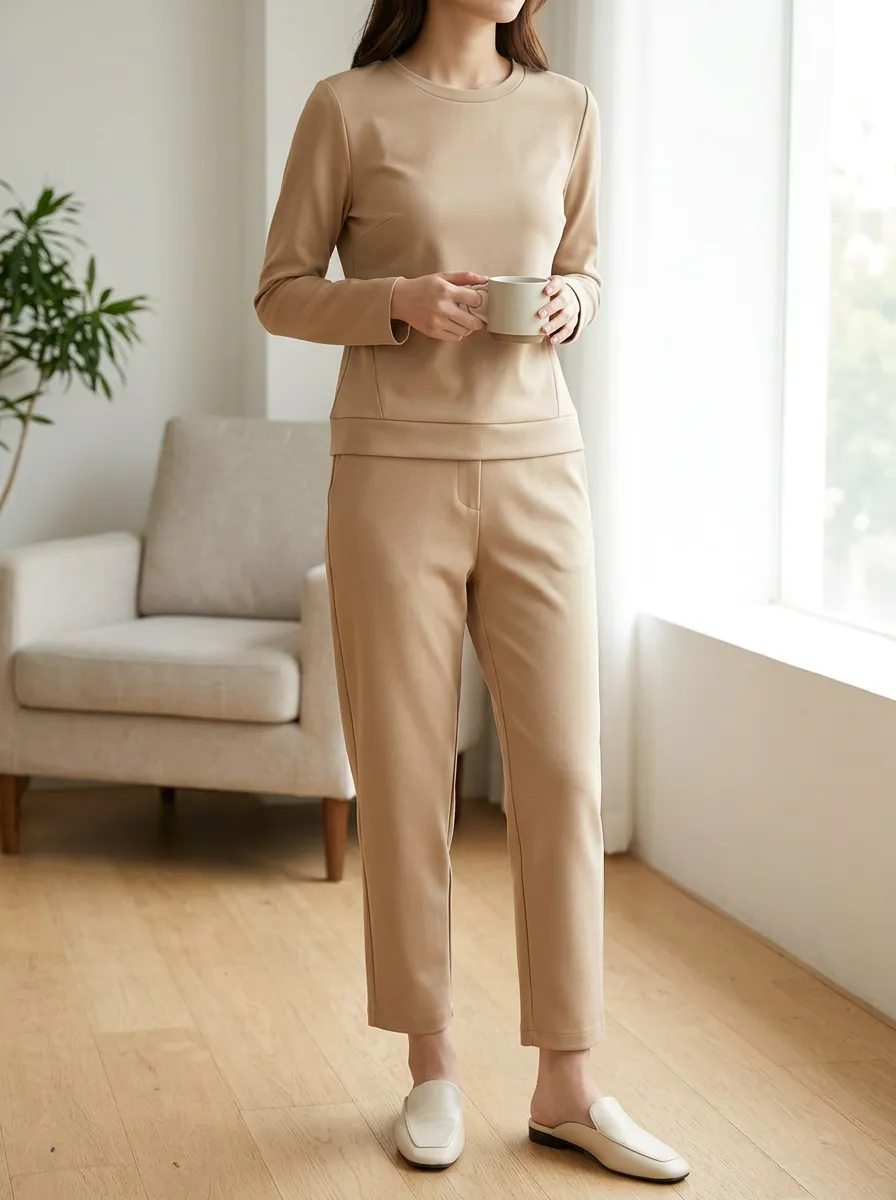 Women's Casual Minimalist Beige Long Sleeve Top and Pants Lounge Set
