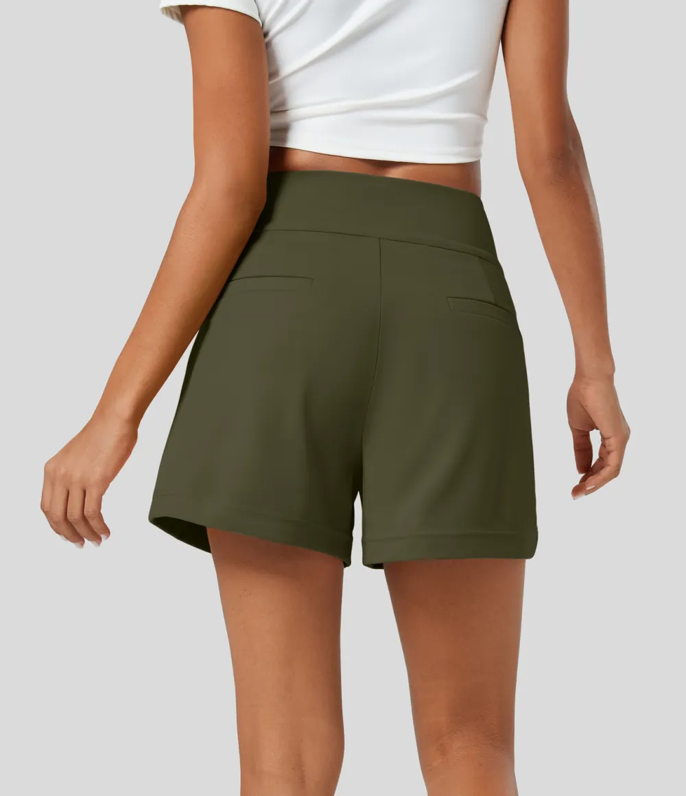 High Waisted Plicated Side Pocket Wide Leg Work Shorts