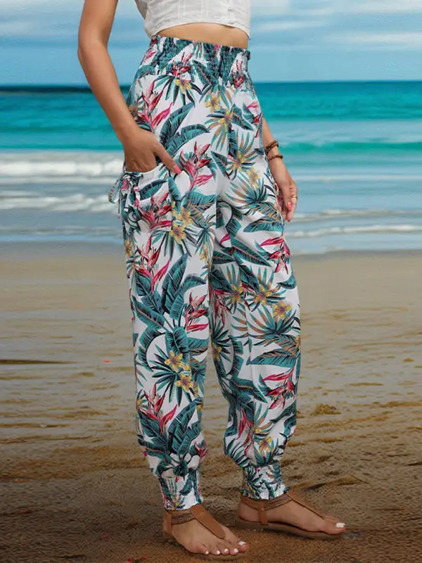 Work Pants Pocket Tropical Print Trousers Leggings