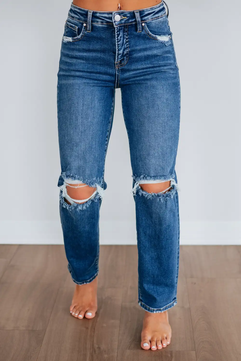 Women's High Rise Distressed Fading Whiskering Jeans
