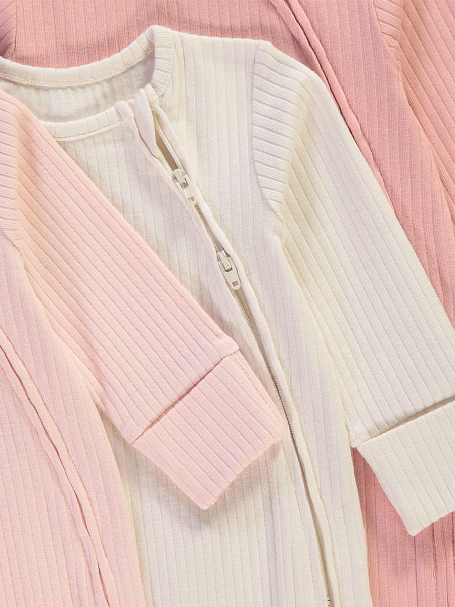 Pink Ribbed Zip Fasten Sleepsuits 3 Pack detail 1