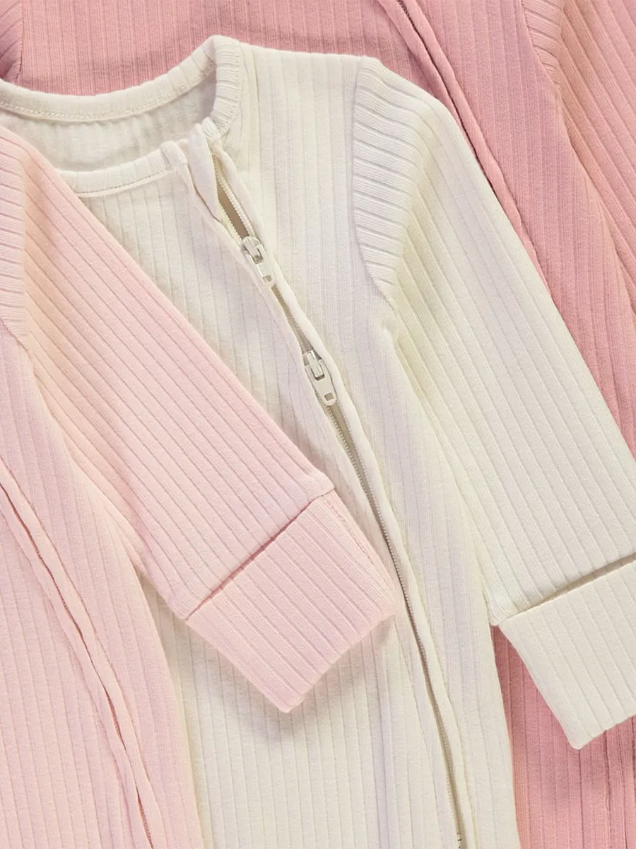 Pink Ribbed Zip Fasten Sleepsuits 3 Pack