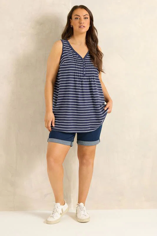 Navy Blue Stripe Cotton Henley Vest Top detail 1