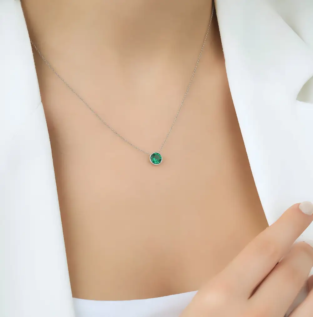 Dainty Bezel Set Solitaire Emerald Necklace