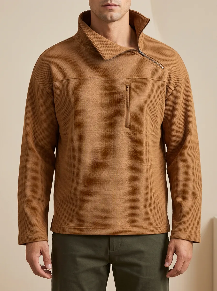 Half-Zip Pullover in a Unfussy Asymmetric Waffle Knit Style