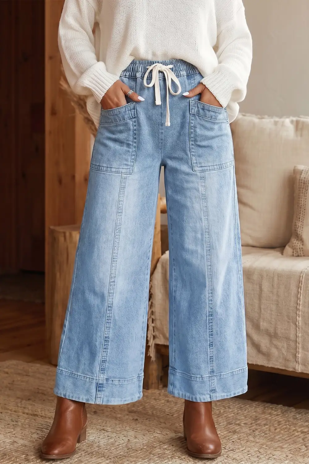 Women's Drawstring Waist Wide Leg Ankle Length Jeans