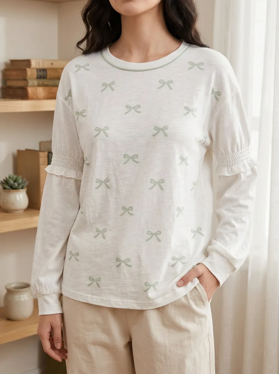 Women's Sweet Style Sage Green Bow Printed Long Sleeve T-shirt