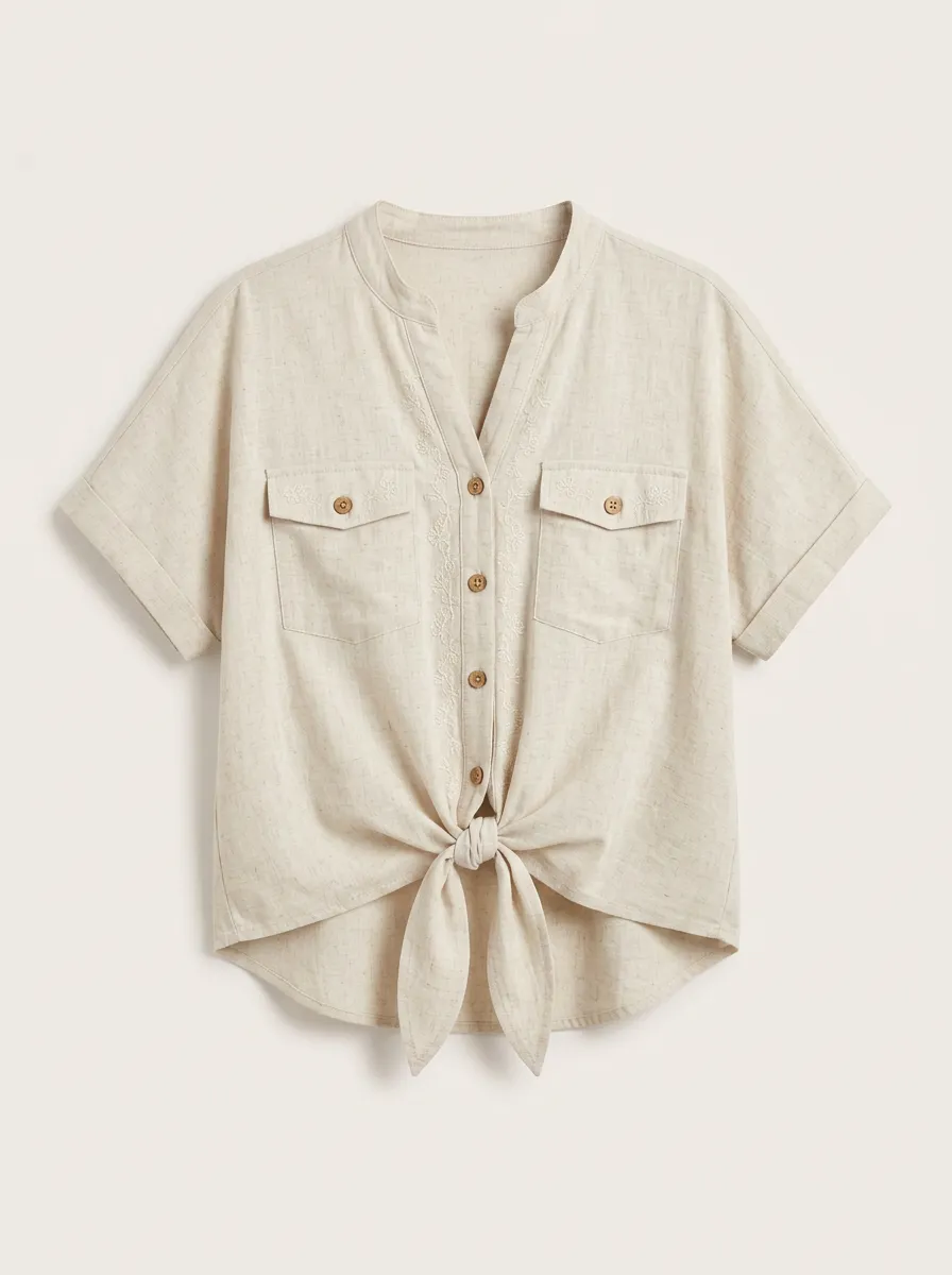 Women's Casual Boho Embroidered Tie-Front Linen Blend Shirt