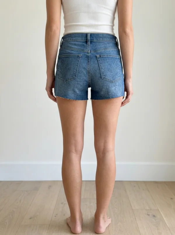 Women's Casual Style Floral Embroidery Raw Hem Denim Shorts