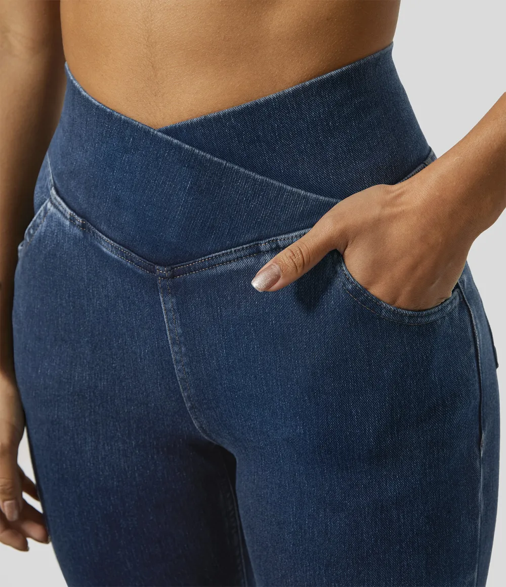 Magic High Waisted Crossover Pocket Washed Stretchy Knit Casual Super Flare Jeans