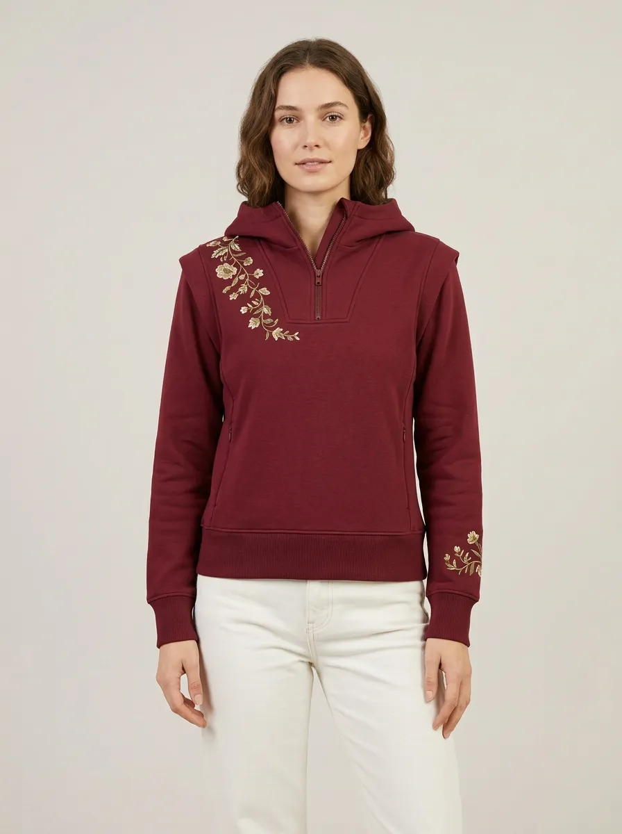 Women's Floral Embroidered Quarter Zip Nature Inspired Easy Comfort Hoodie