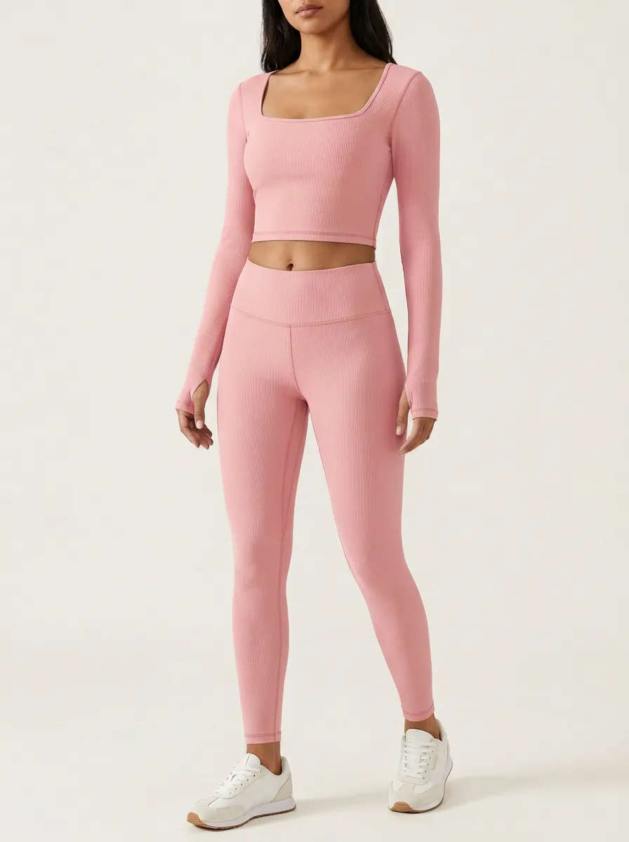 Women's Ribbed Square-Neck Thumbhole Crop Top and High-Rise Legging Set